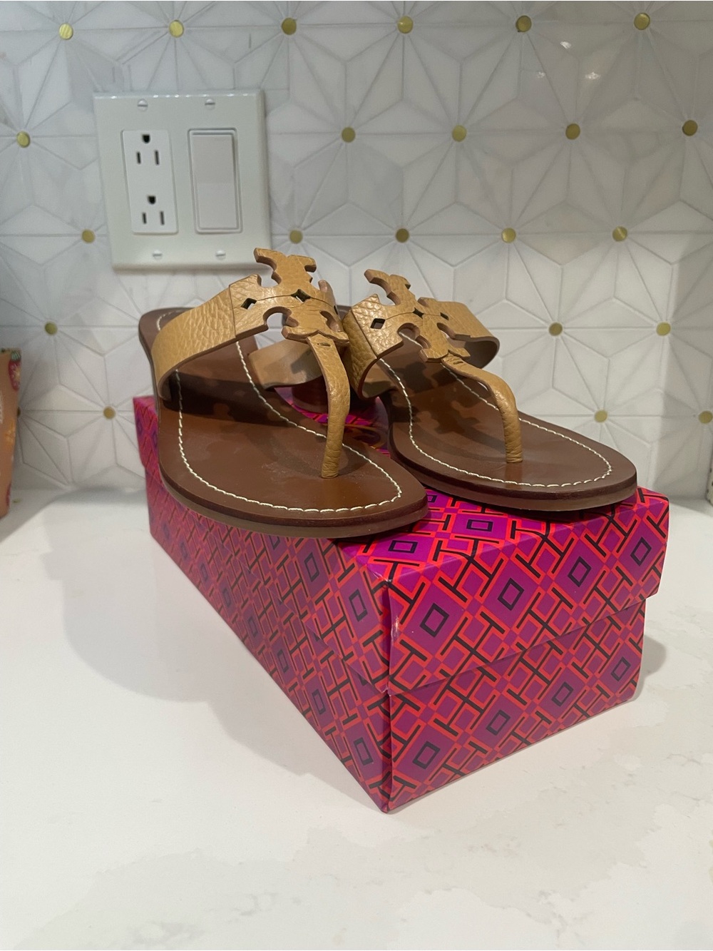 Tory Burch Tan Leather Miller Thong Sandals
